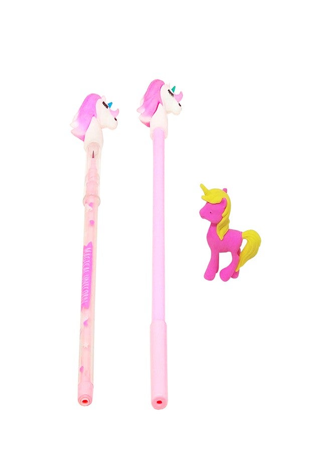 PARTEET Combo Pack Of (3 Items) 1Pc Unicorn Pen 1Pc Unicorn Pencil 1Pc Unicorn Eraser For Kids,Blue - Image 1